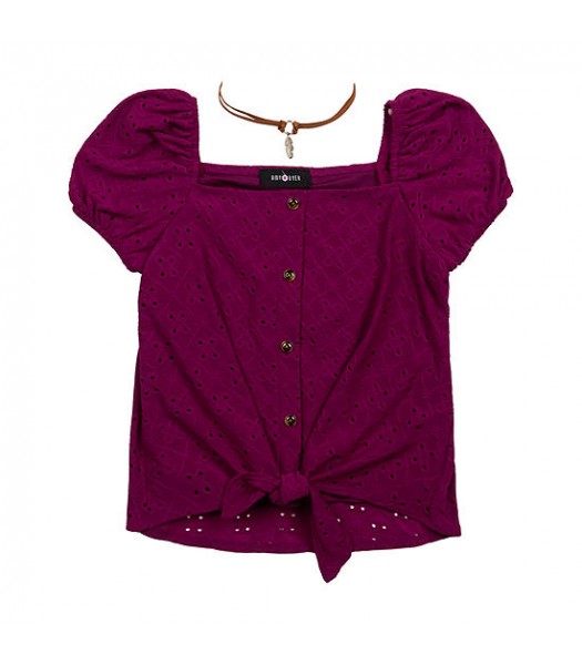 By & By Wine Square Neck Short Sleeve Blouse With Necklace